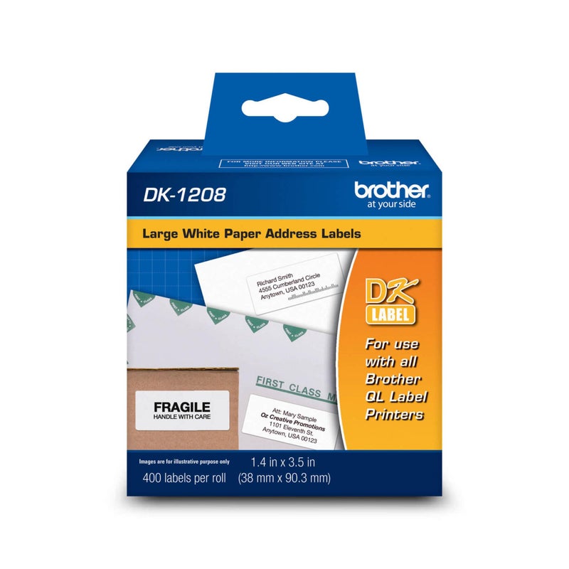 Brother, Die-Cut Large Address Labels, DK-1208, Brother Genuine Labels, Long Lasting Reliability, Die-Cut Large Address Paper Labels, 400 Labels per Roll, (1) Roll per Box